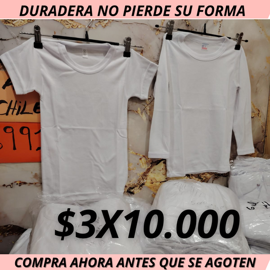 CAMISETA MANGA LARGA Y CORTA NIÑA  DE ALGODON CHILENO 3X10000