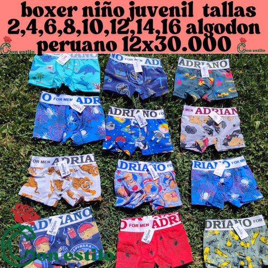 bóxer de niños con diseños la docena 12 unidades por 30.000