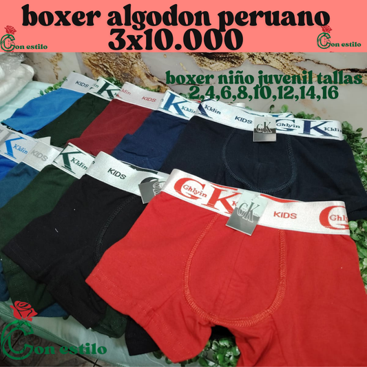 bóxer de niño juvenil algodón Perú  3X10.000